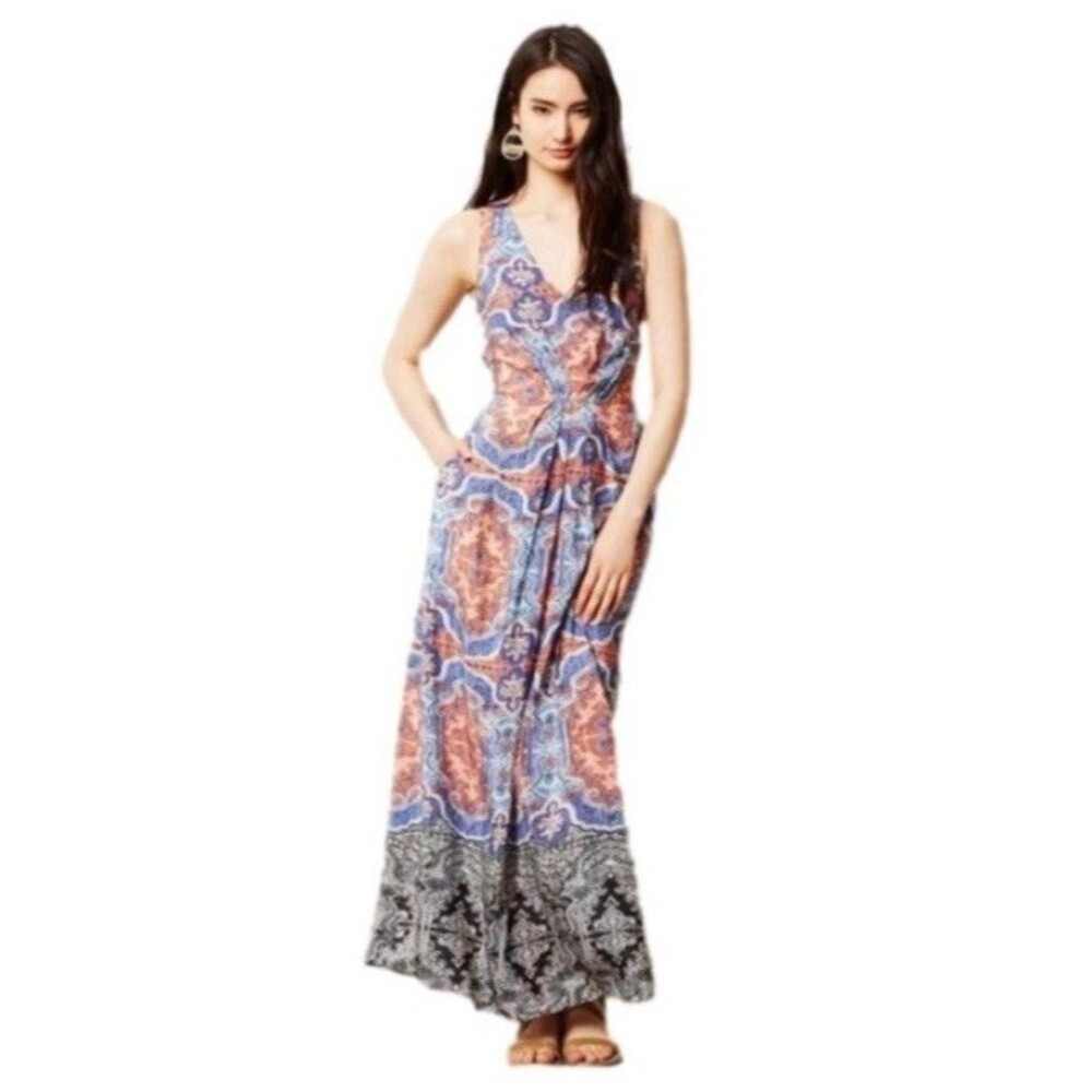 Anthropologie Maeve Blue Boho  Maxi Sleeveless Long Paisley Dress Silk size 2